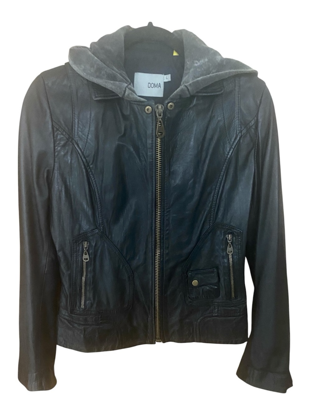 Doma Black Leather Jacket with Removable Gray Hood